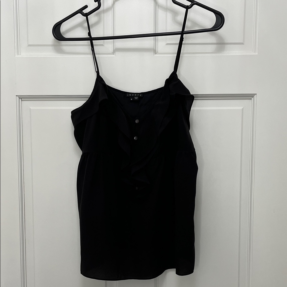 Theory Black Ruffle & Button Front Baby Doll Style Tank Top - Size Medium